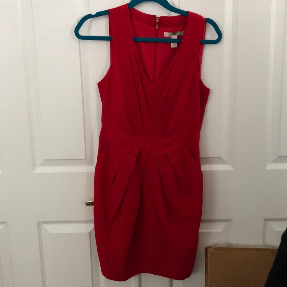 Red Vneck Pleated Dress